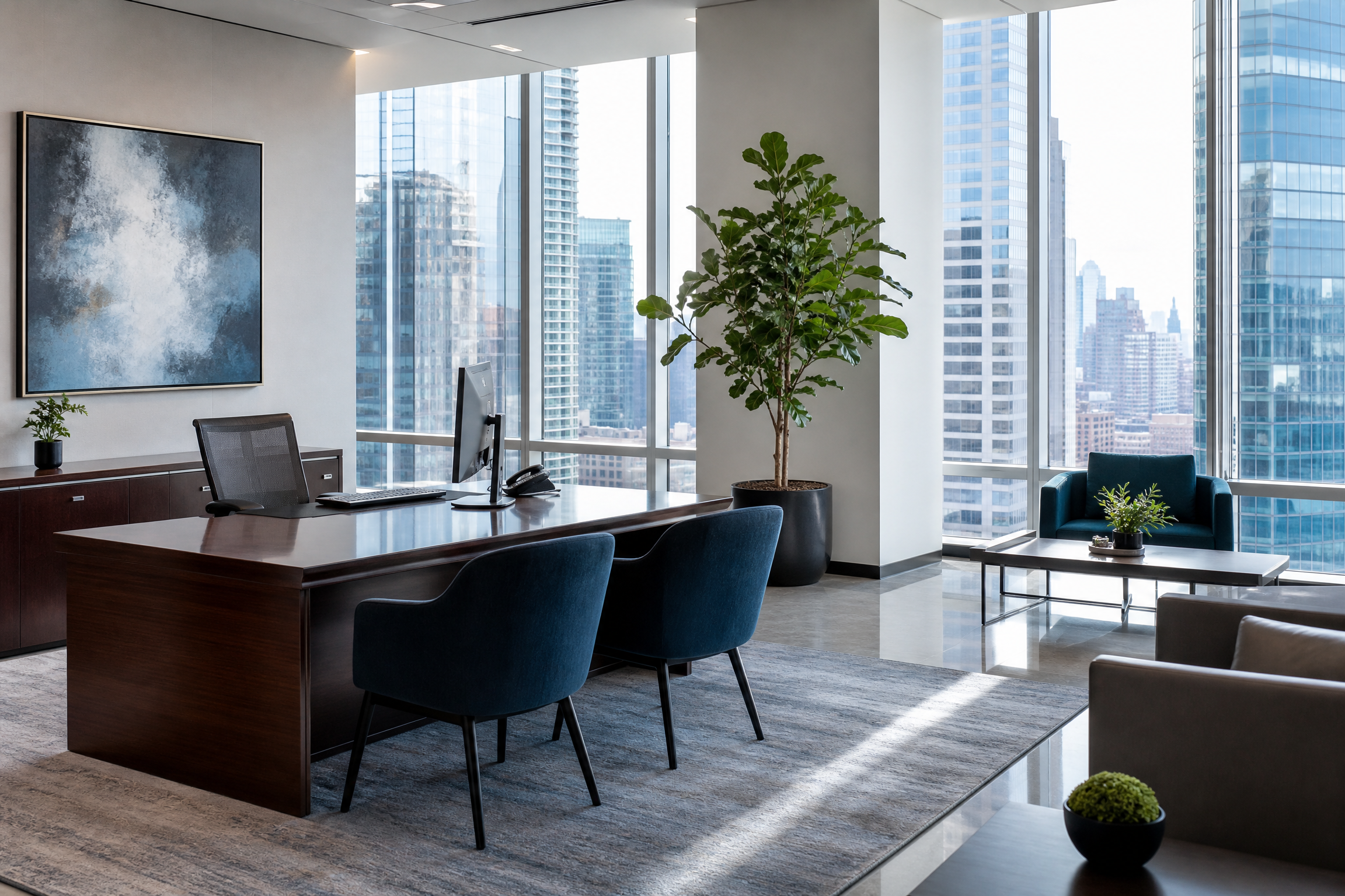 A clean, modern office in a New York City high-rise, featuring a desk, chairs, and a plant, suggesting a professionally maintained workspace.
