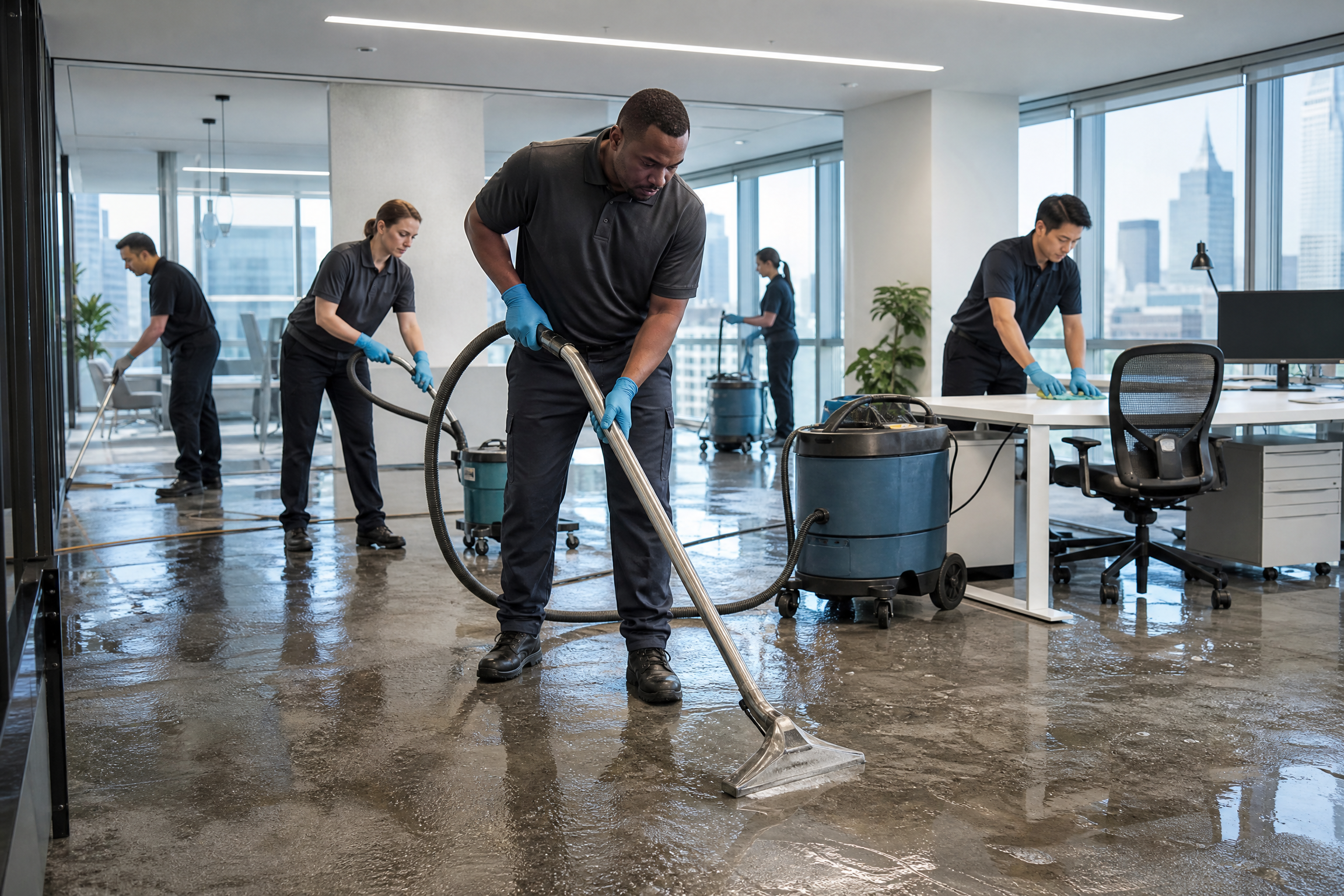 A diverse emergency cleaning crew, varying in age and ethnicity, actively cleaning a modern New York City office space after a water pipe burst, with natural lighting and navy/teal accents.