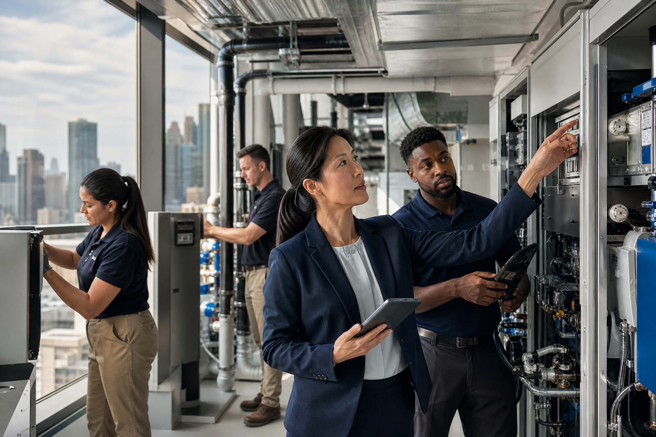 A diverse team of building maintenance professionals, including a female manager and male and female technicians, inspecting a modern building system in a high-rise NYC commercial building.