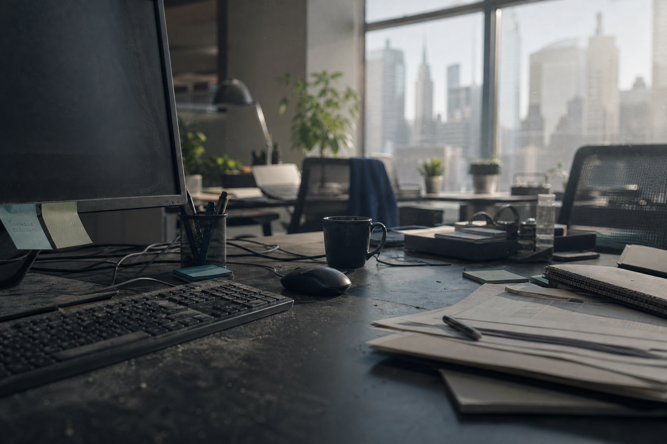 A dusty office desk with a computer and papers, overlooking the New York City skyline, subtly highlighting hidden health hazards in an office environment.