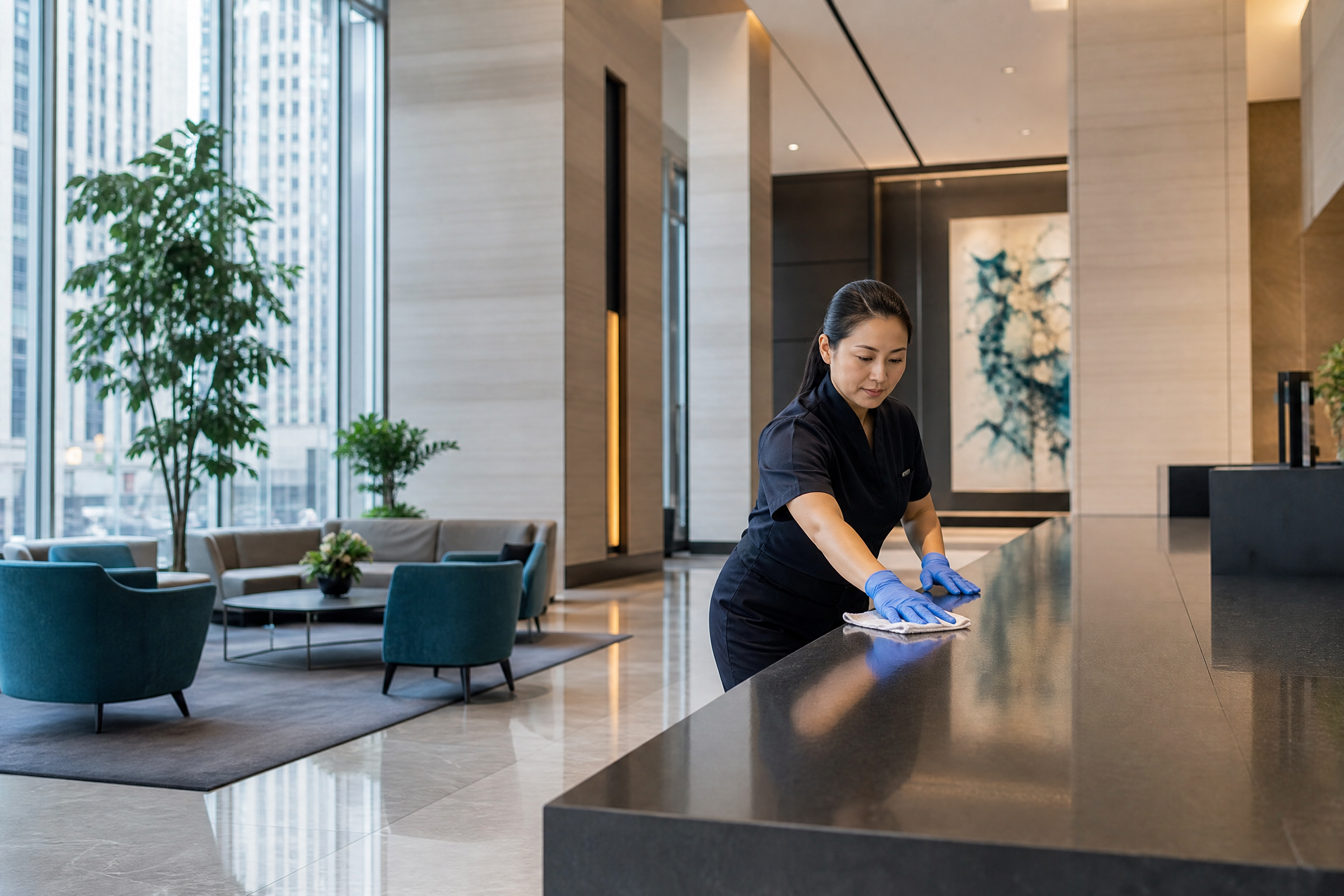 A cleaning crew member polishes a surface in a modern commercial office lobby, highlighting professional cleaning services.
