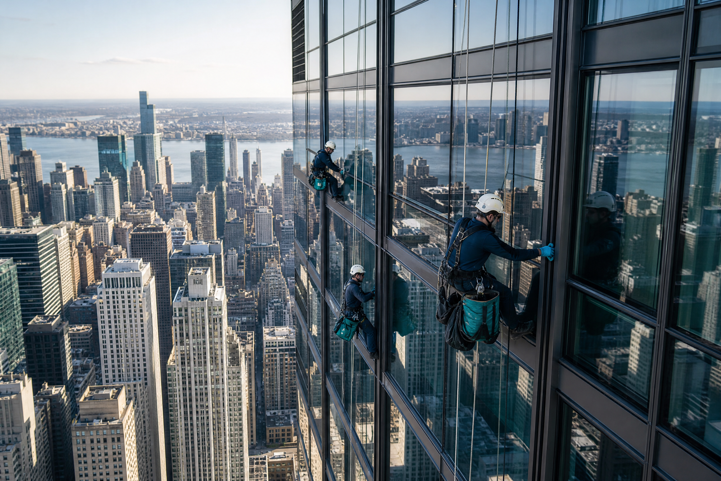 Window cleaners on the side of a modern skyscraper in New York City, with the city skyline and river in the background, under natural daylight.