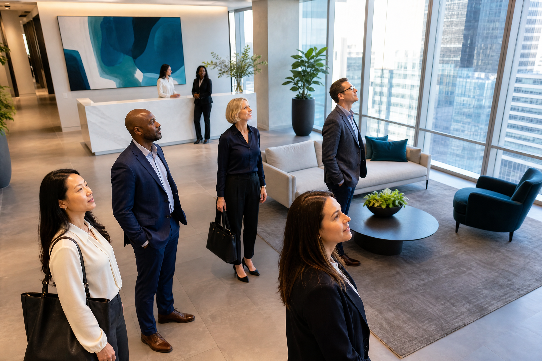Diverse office managers observe a pristine, modern NYC high-rise office lobby with natural light and subtle navy/teal accents, reflecting a clean and well-maintained environment.