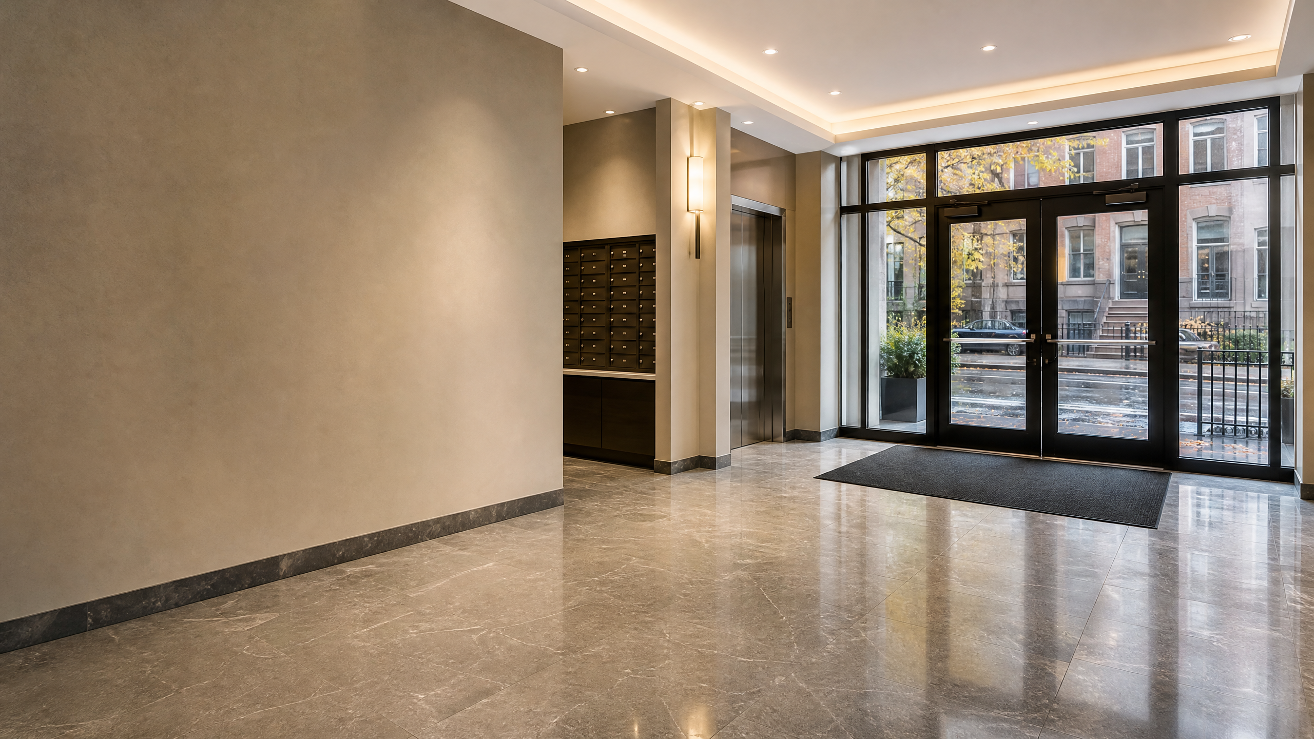 Freshly cleaned Manhattan multifamily building lobby and entryway during a rainy fall afternoon