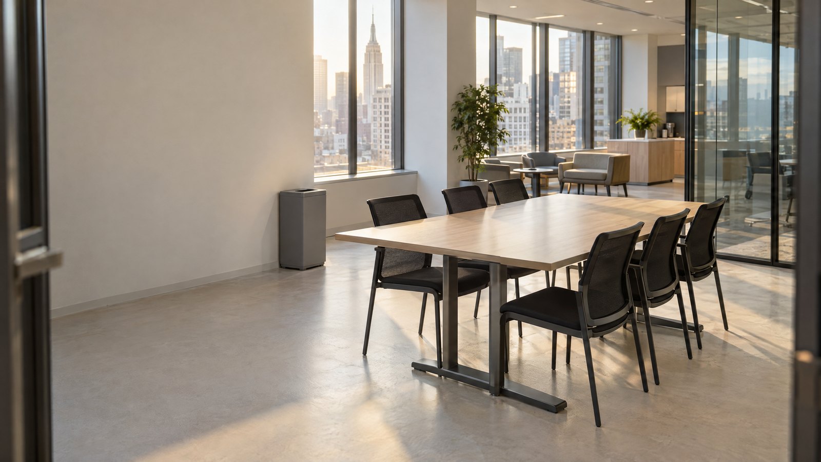 Clean NYC office gathering space after an event, with reset tables, clear floors, and neatly arranged chairs in morning light.