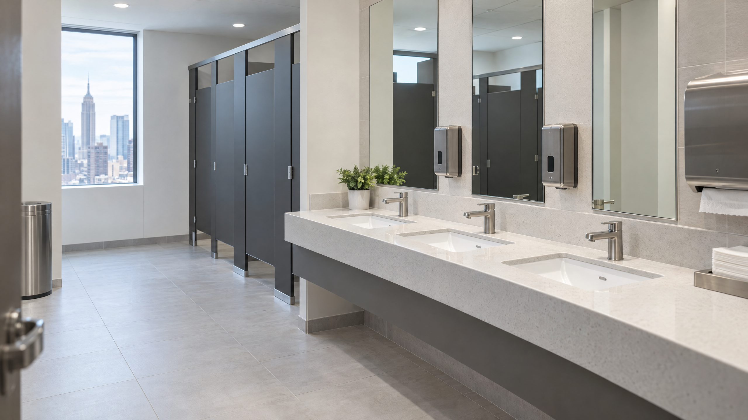 Bright, spotless New York City office restroom with clean sinks, mirrors, partitions, and stocked dispensers.