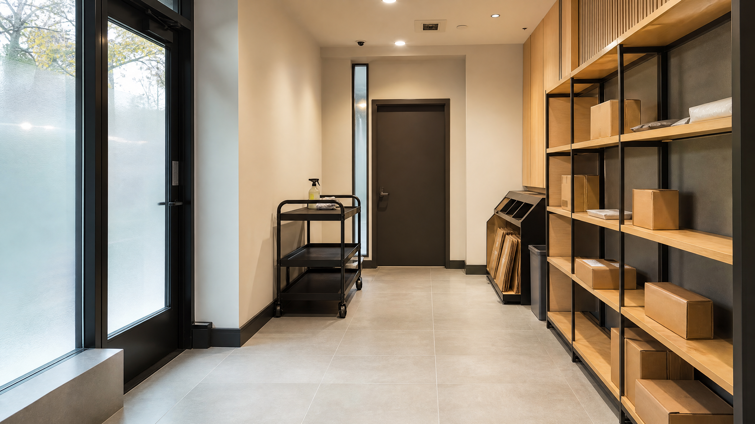 Clean, organized New York City multifamily package room with shelving, delivery boxes, and a clear walkway.