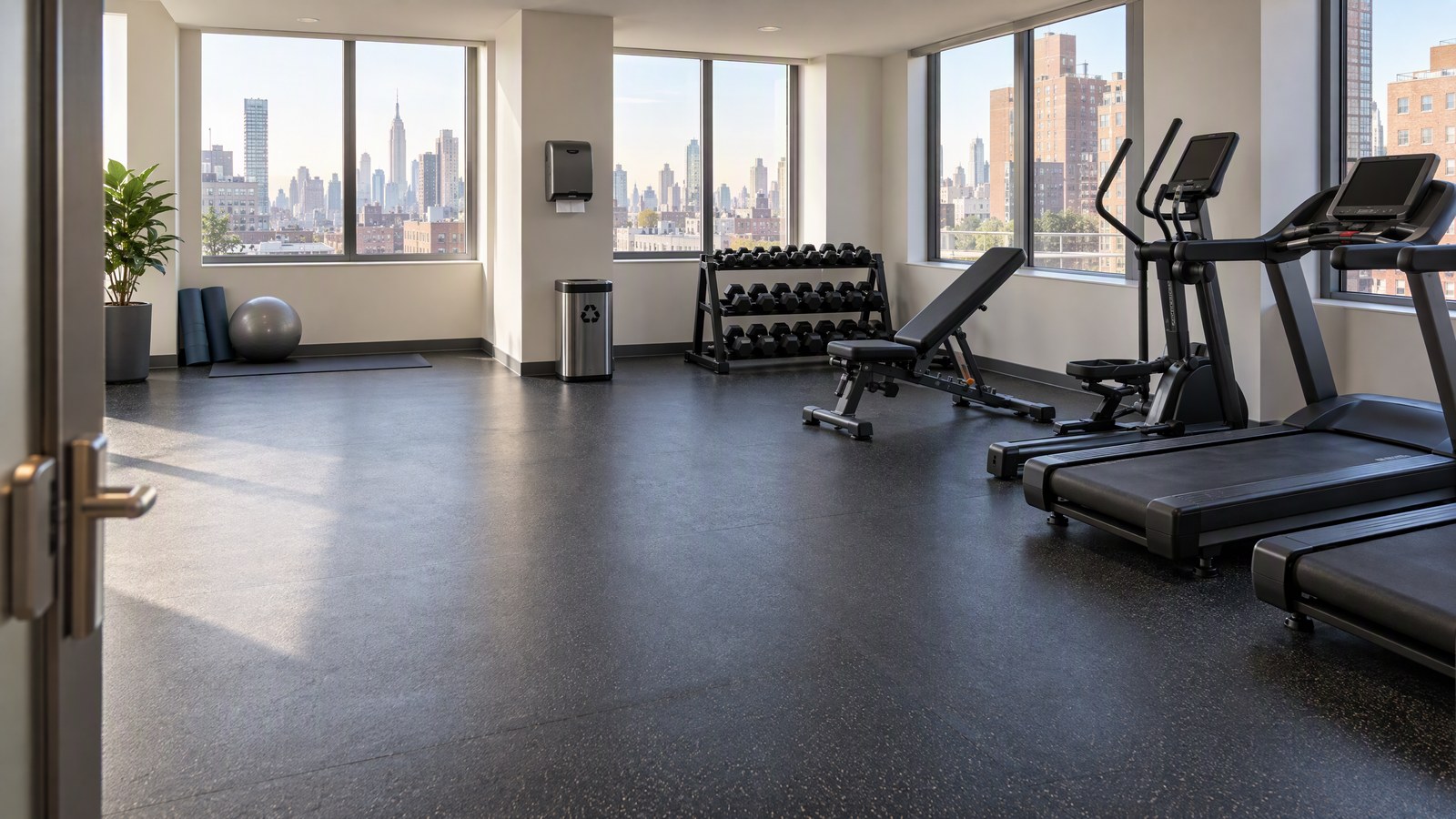 Clean shared fitness room in a New York City building with wiped equipment, orderly benches, and a dry floor in early morning light.