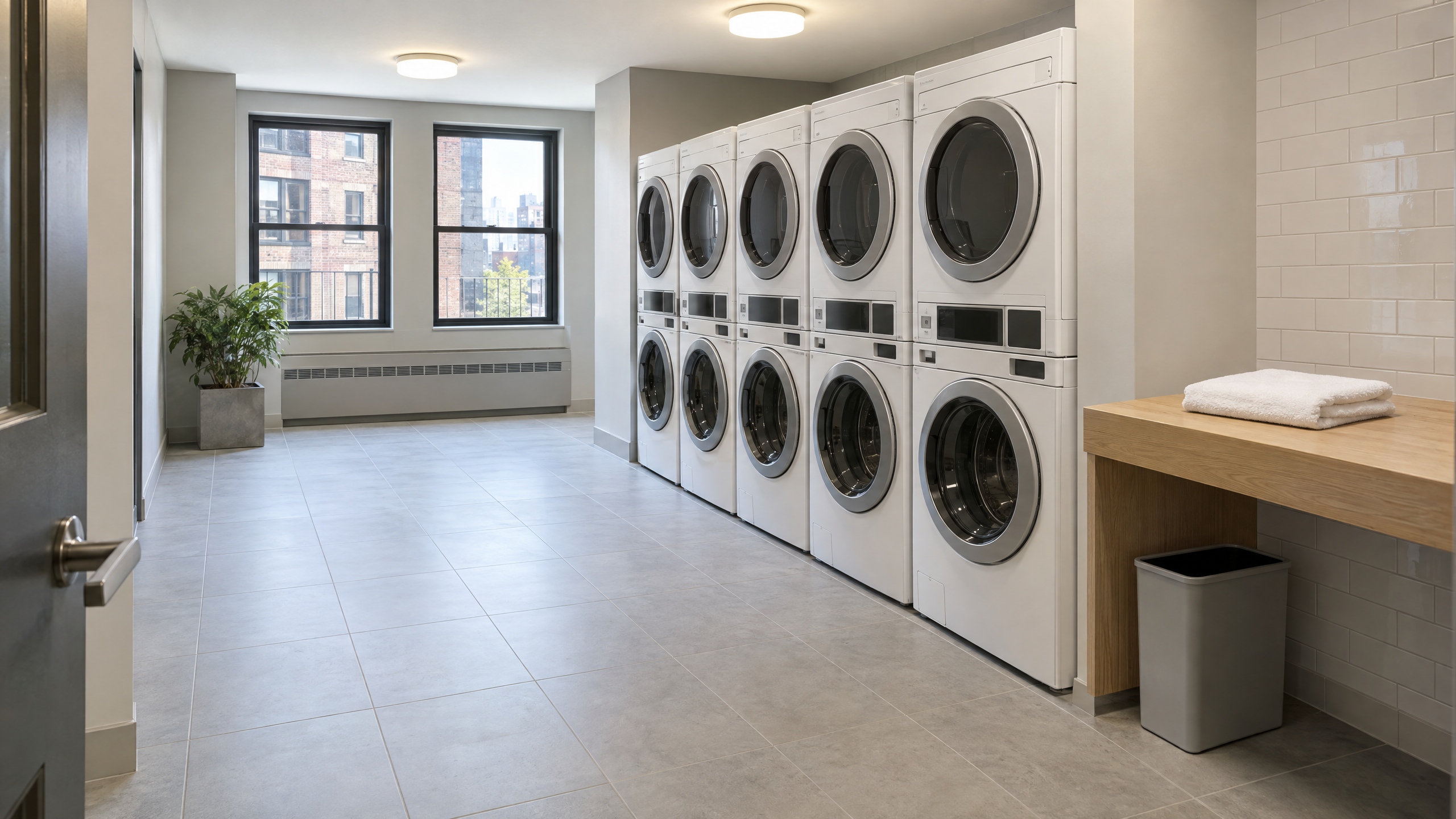 Clean NYC multifamily laundry room with a tidy folding counter, unbranded front-load machines, and clear tile floor.