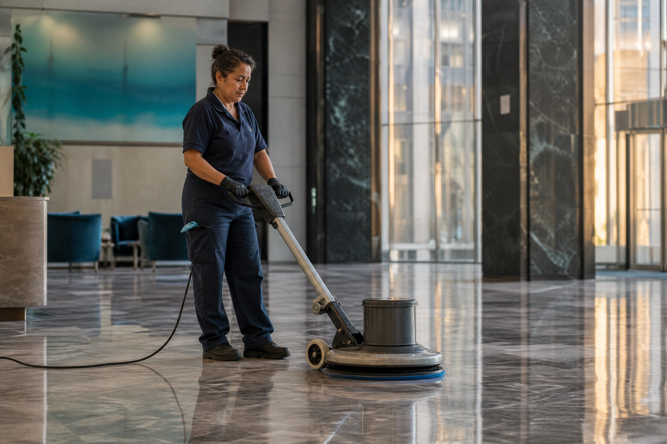 A maintenance staffer in a navy uniform polishes a marble floor in a modern, sunlit high-rise office building lobby.