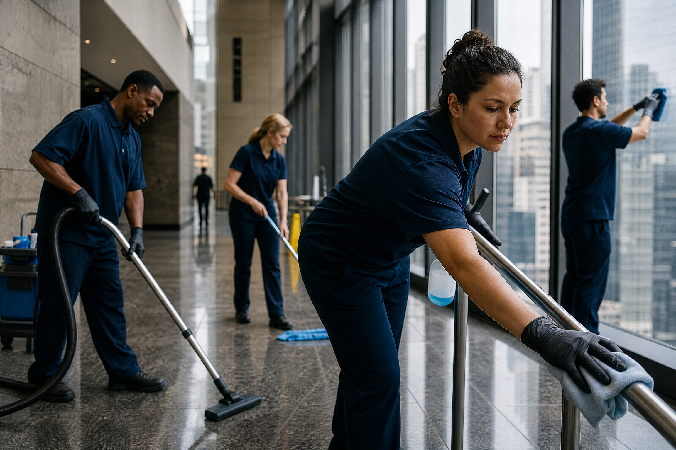 A diverse cleaning crew in navy uniforms works diligently in a modern New York City high-rise building, addressing various cleaning challenges with professional equipment and focused effort.