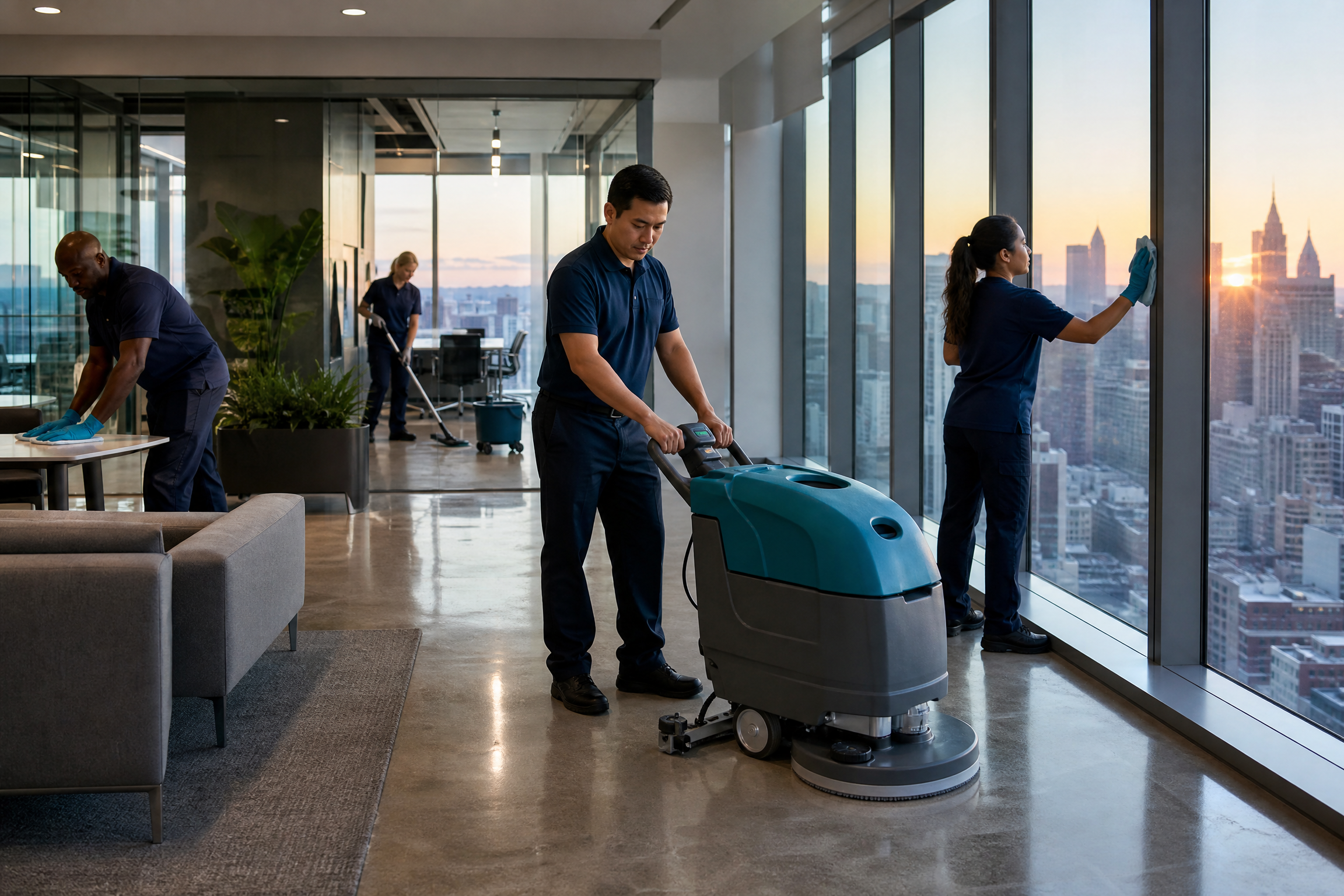 A diverse cleaning crew performs deep cleaning in a modern New York City office building at sunrise, featuring floor scrubbing and window cleaning.