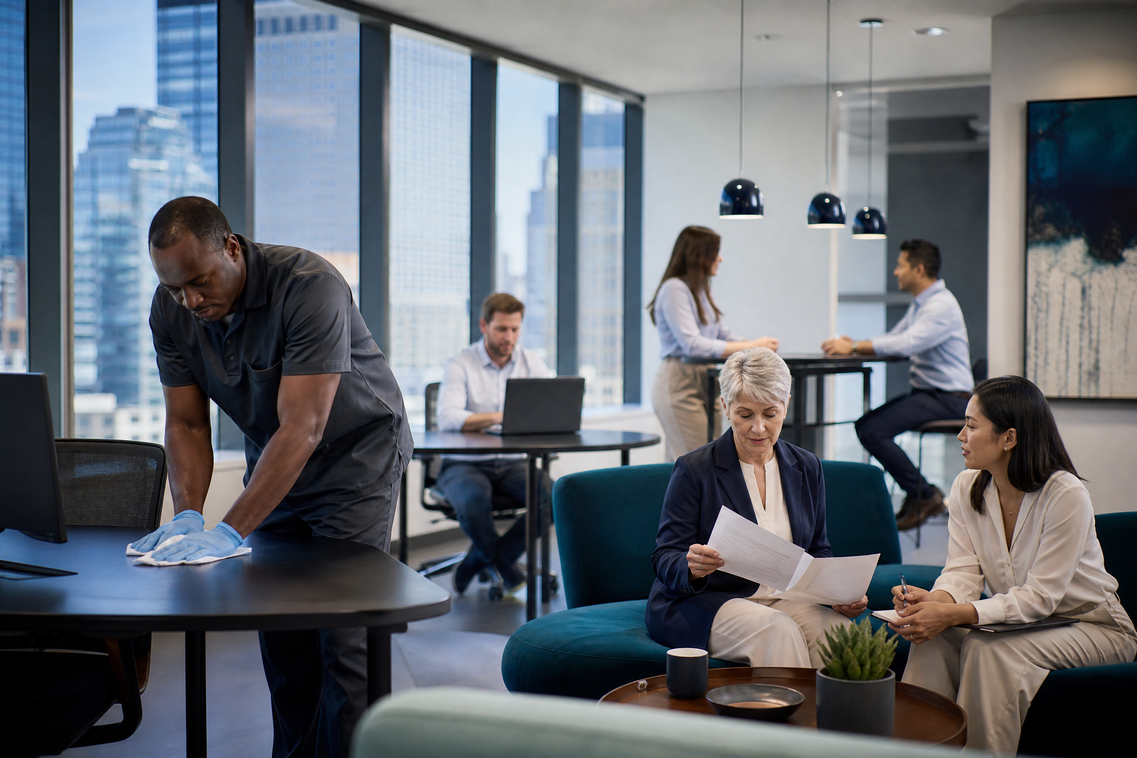 A cleaning professional disinfects a table in a modern New York City office, ensuring employee health in a high-traffic area.