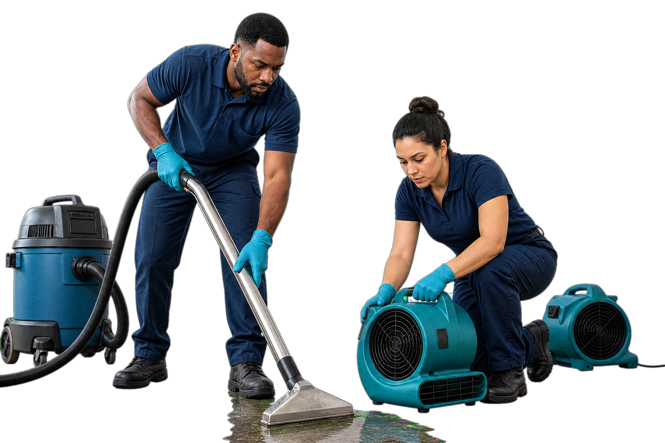 A diverse cleaning crew uses wet vacuums and industrial fans to clean up water damage in a modern New York City office, illuminated by natural light.
