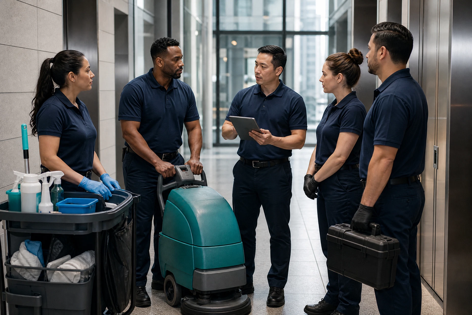 A diverse janitorial team cleans a modern New York City office: one washes windows, another polishes floors, and a third tends to plants, all under natural light.