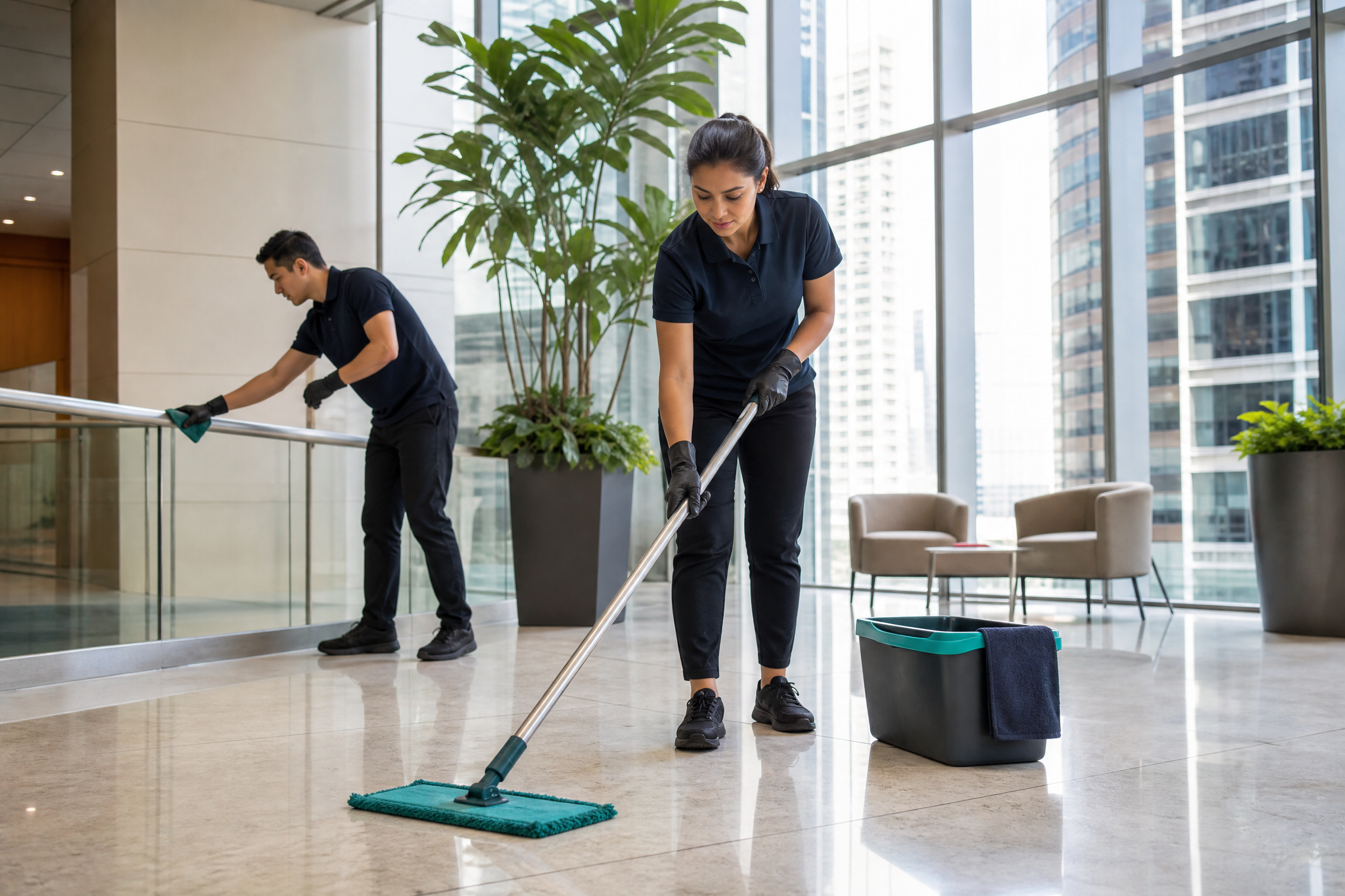 A diverse team of cleaning professionals in a modern, sunlit high-rise office lobby in New York City, using eco-friendly cleaning equipment.