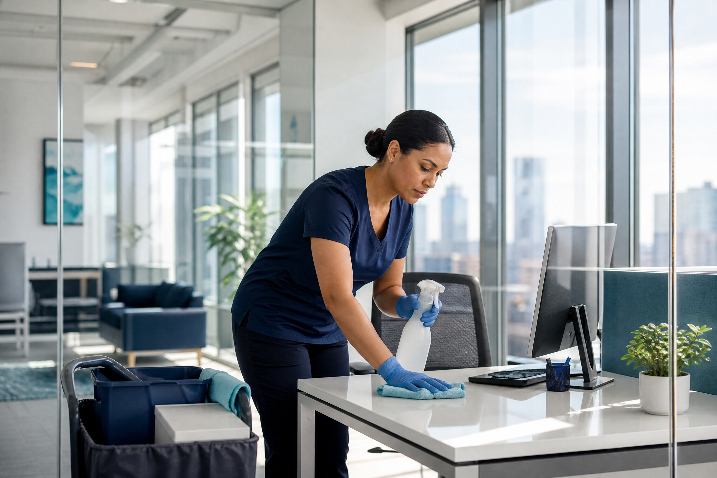 A professional cleaner in a modern New York City office meticulously cleans a desk, highlighting hygiene and a clean work environment.