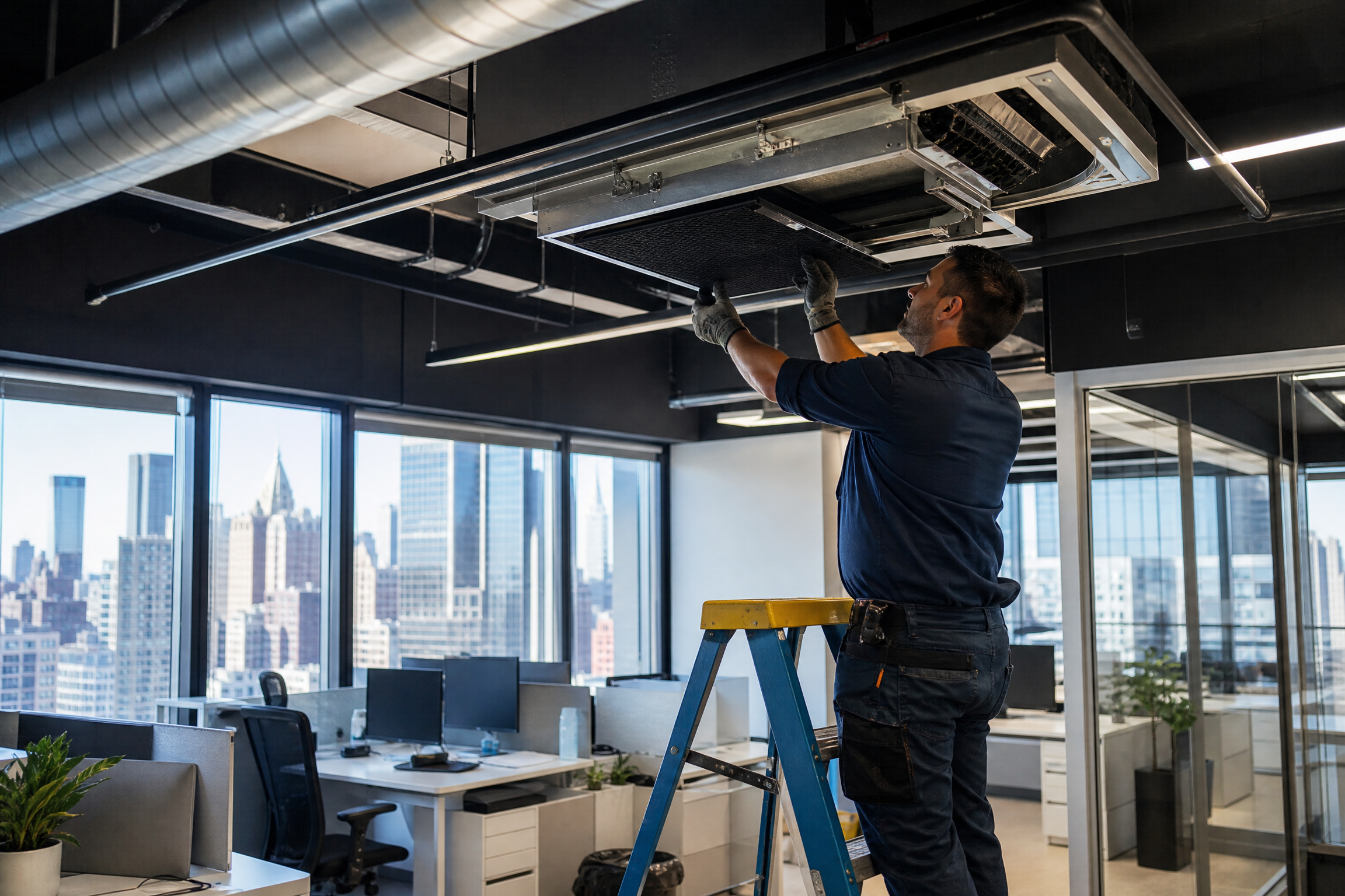 A technician on a ladder cleans an HVAC unit in a modern NYC office with a cityscape view, illustrating routine HVAC maintenance for improved air quality.