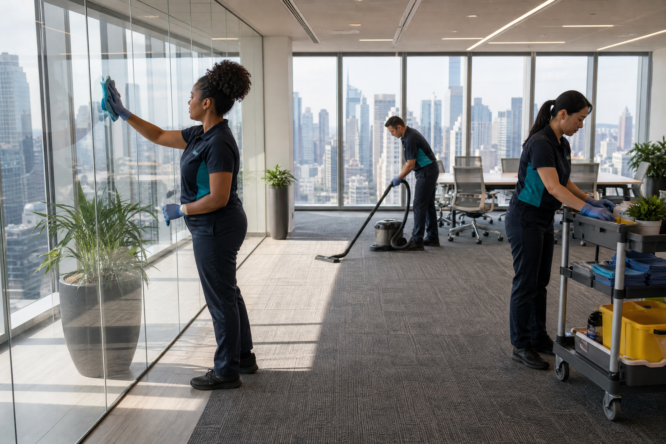 A team of professional cleaners in navy and teal uniforms cleaning a modern office with large windows overlooking the New York City skyline.