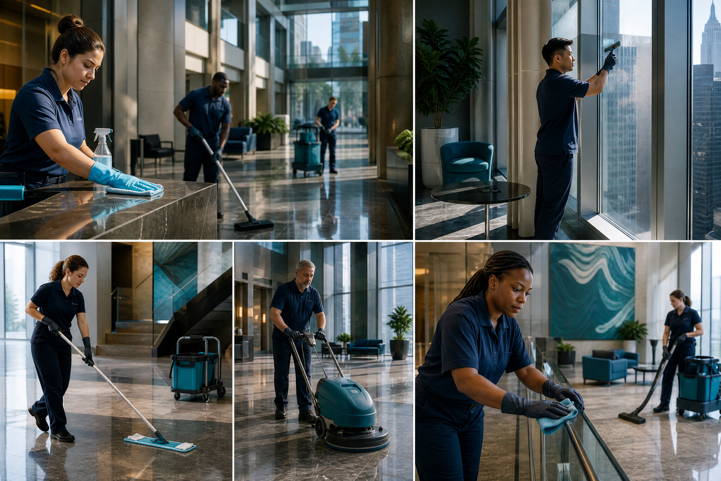 A diverse janitorial team cleans a modern NYC high-rise lobby, featuring natural light and subtle navy/teal accents.