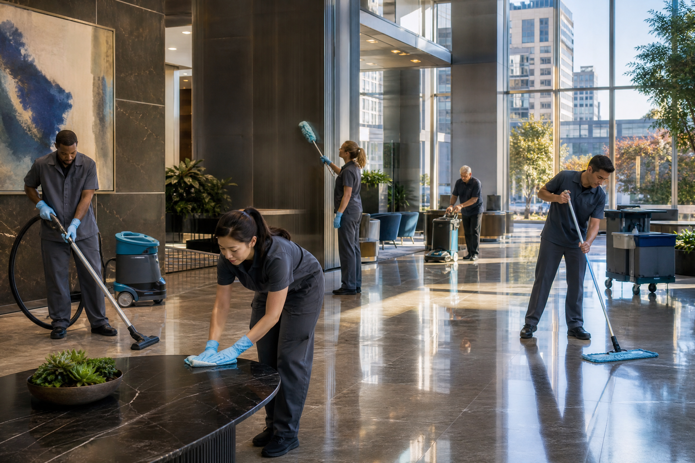 A diverse cleaning crew meticulously cleans a high-traffic lobby in a modern NYC office building, with natural light and subtle navy/teal accents.