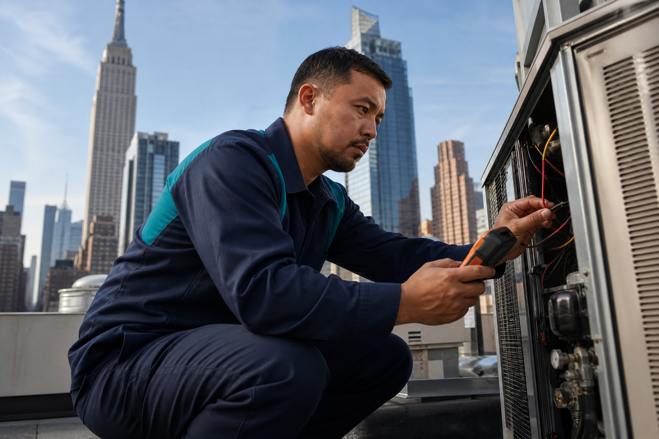 A skilled maintenance technician inspecting an HVAC system on a New York City rooftop with the skyline in the background.