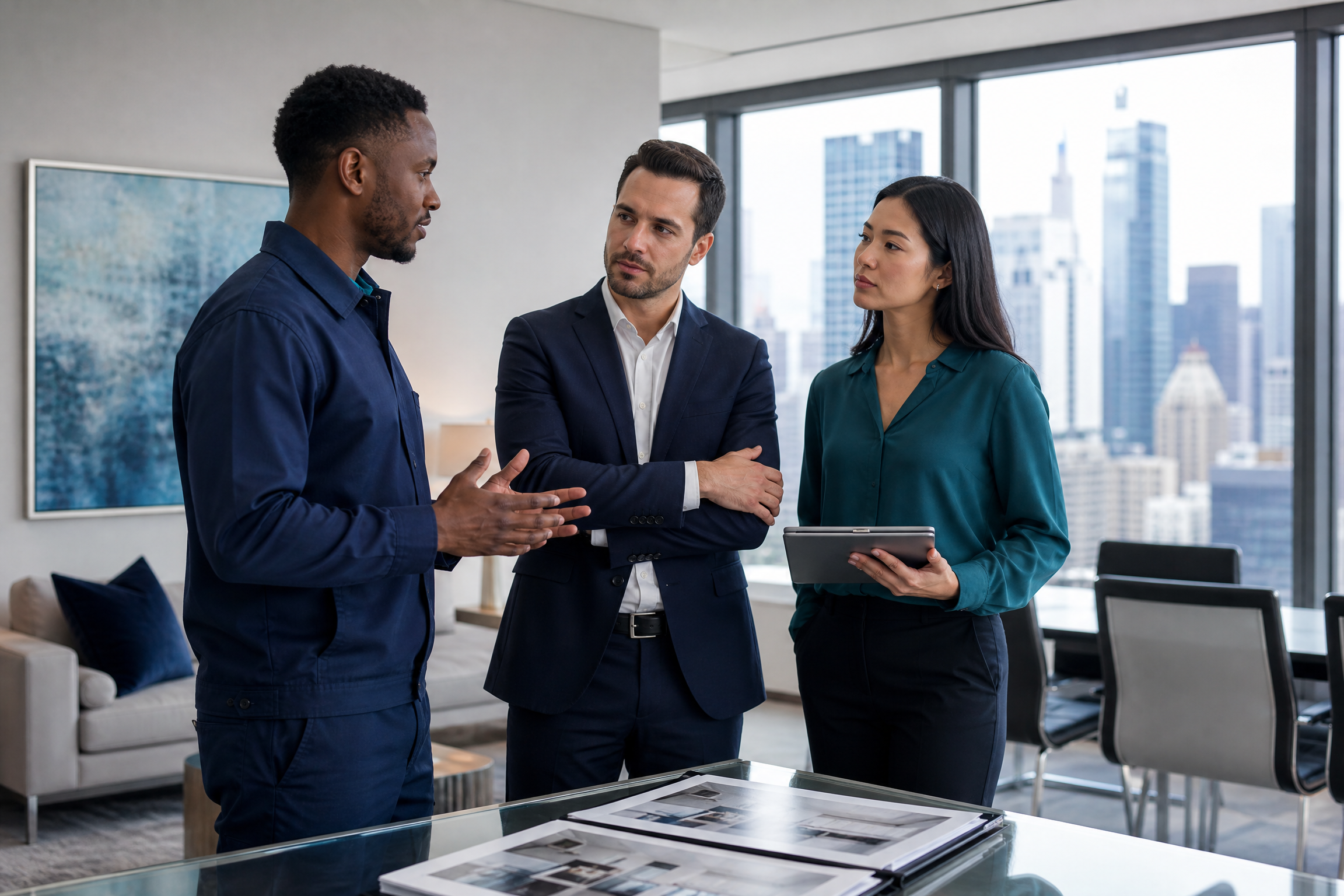 Three professionals, including a cleaning service representative and two business executives, discuss in a modern New York City office.
