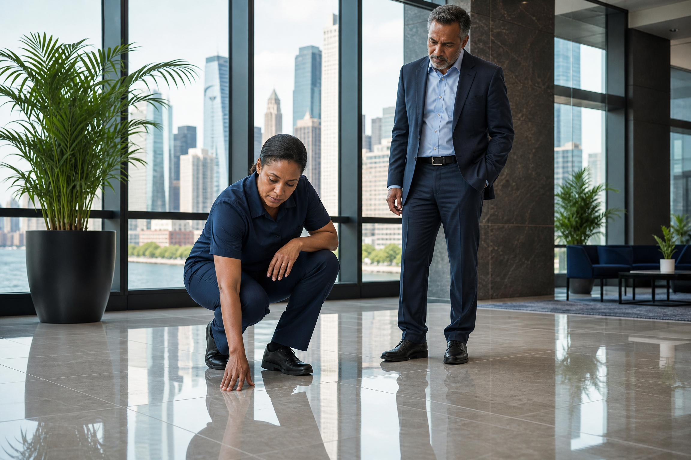 A professional cleaning supervisor inspecting a gleaming floor in a modern NYC commercial building lobby, with a building manager observing.