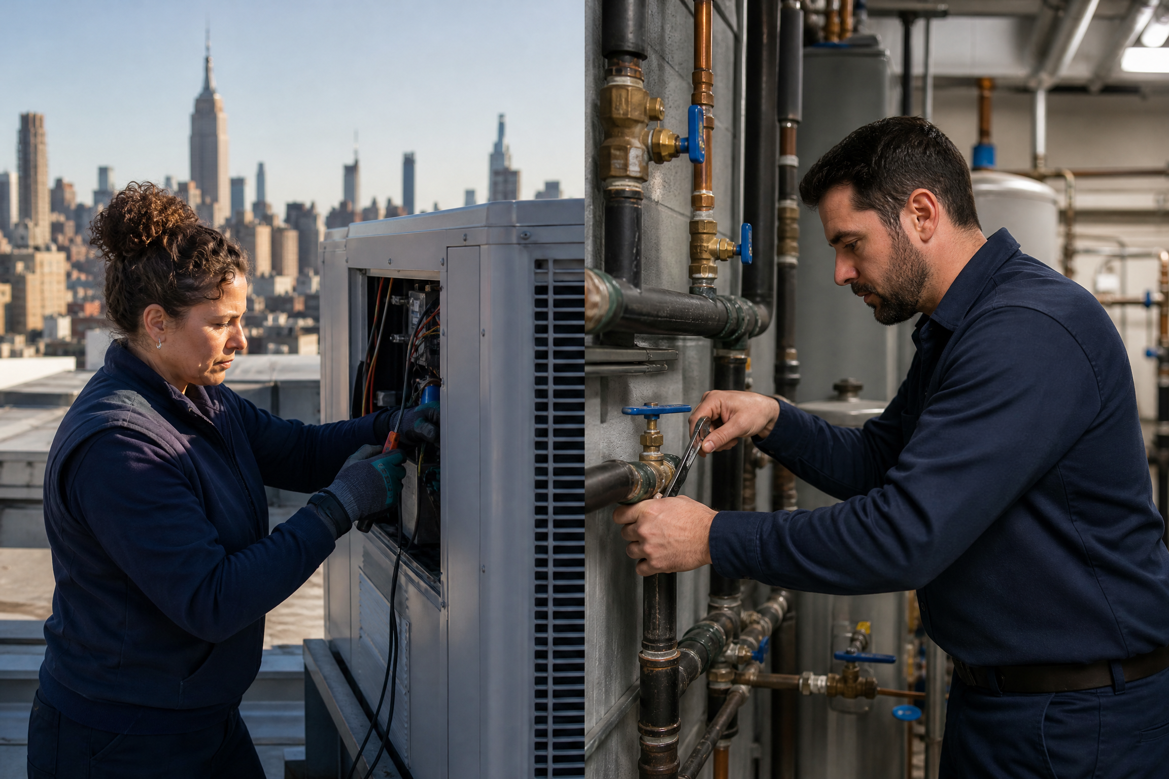 Two maintenance workers performing preventive checks: one on an HVAC unit on a New York City rooftop, and another on plumbing indoors, conveying efficiency.