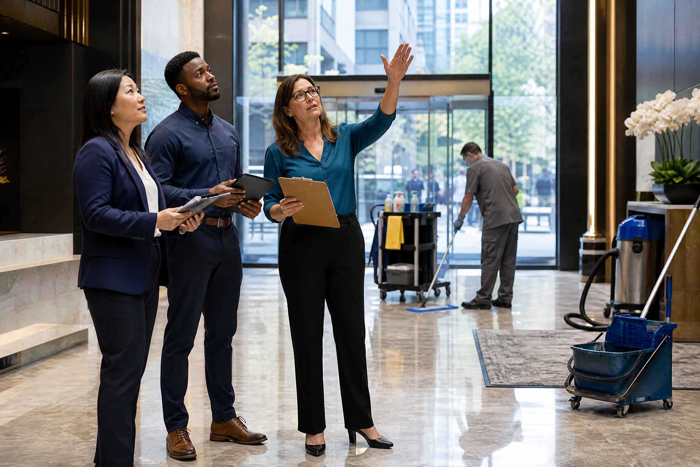 A diverse group of property managers inspects a high-rise residential building lobby during spring cleaning in NYC, with cleaning equipment visible.