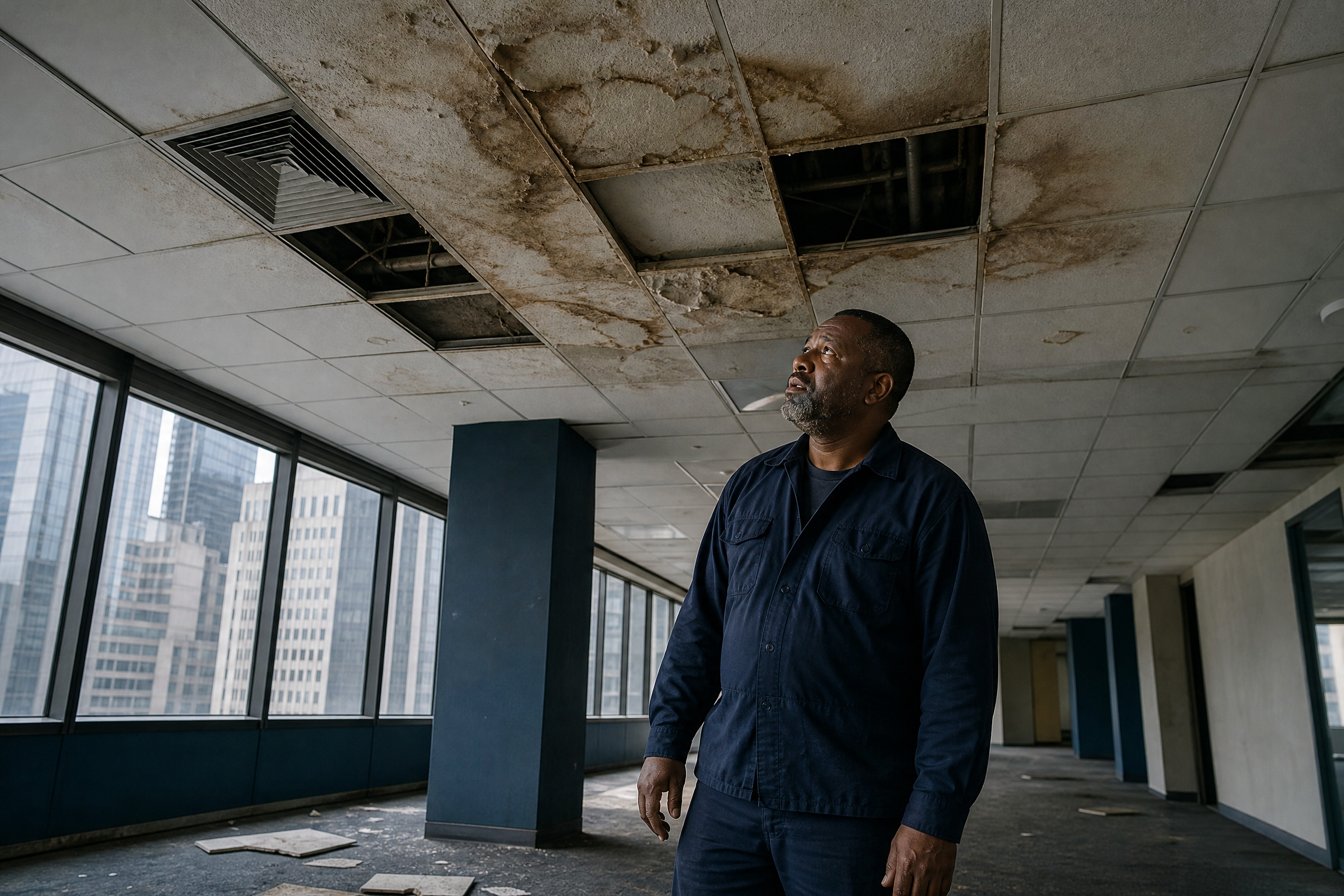 A building maintenance worker inspects a severely damaged ceiling with water stains and missing tiles in a neglected commercial office space.