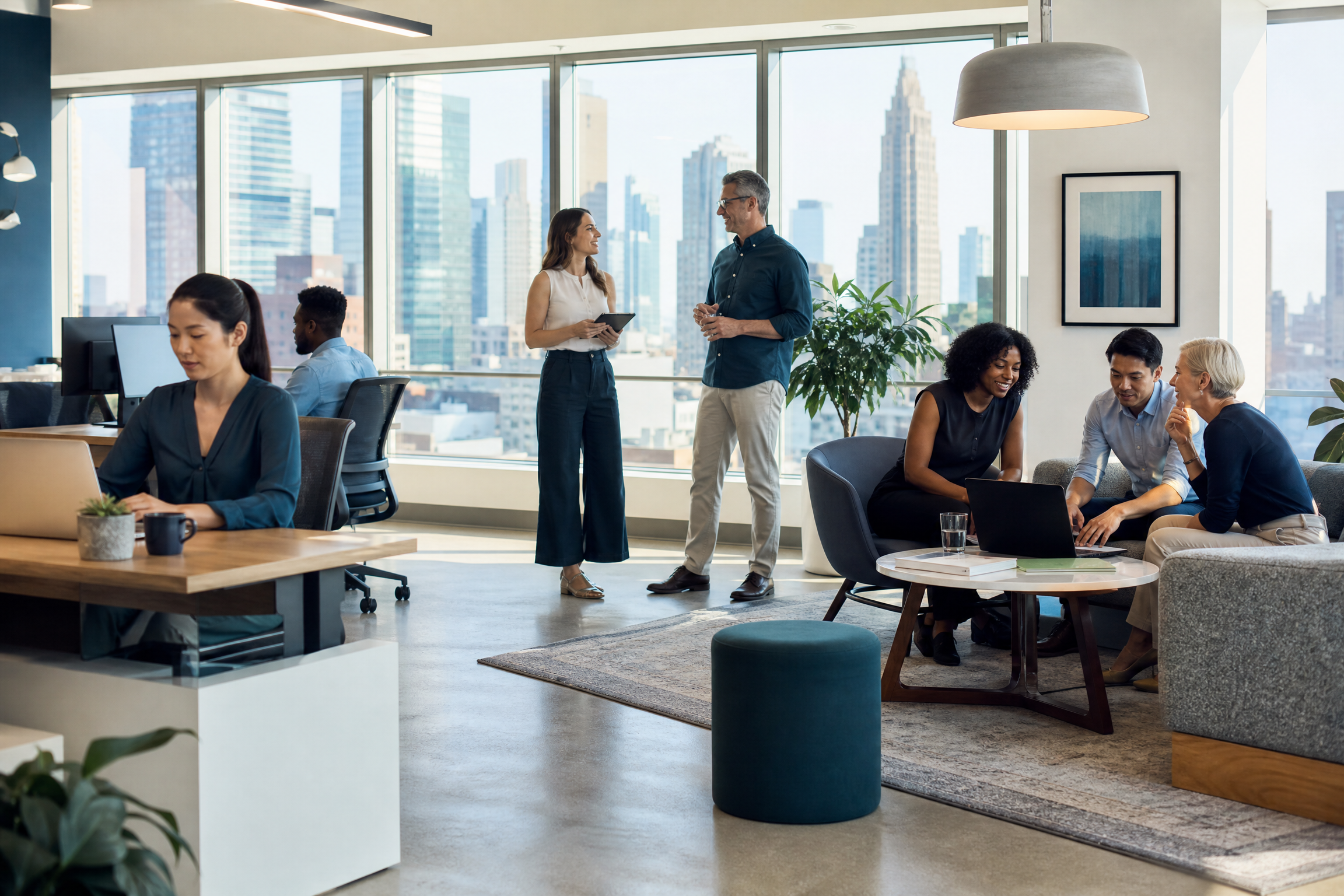 Diverse professionals working in a bright, modern New York City office with large windows, reflecting a clean and healthy workspace.
