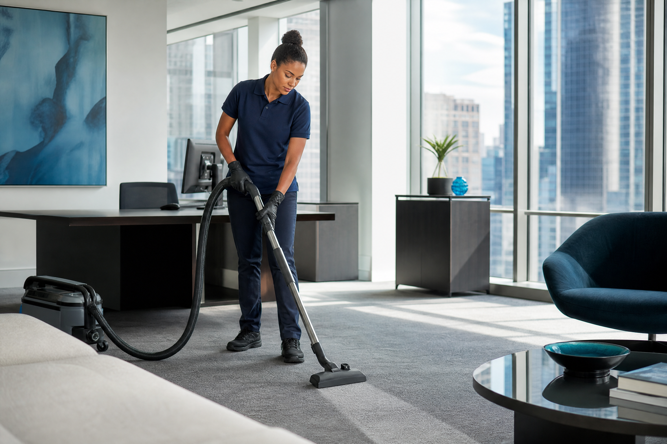 A cleaning professional vacuums a modern office space in a New York City high-rise, with natural light and subtle navy/teal accents.
