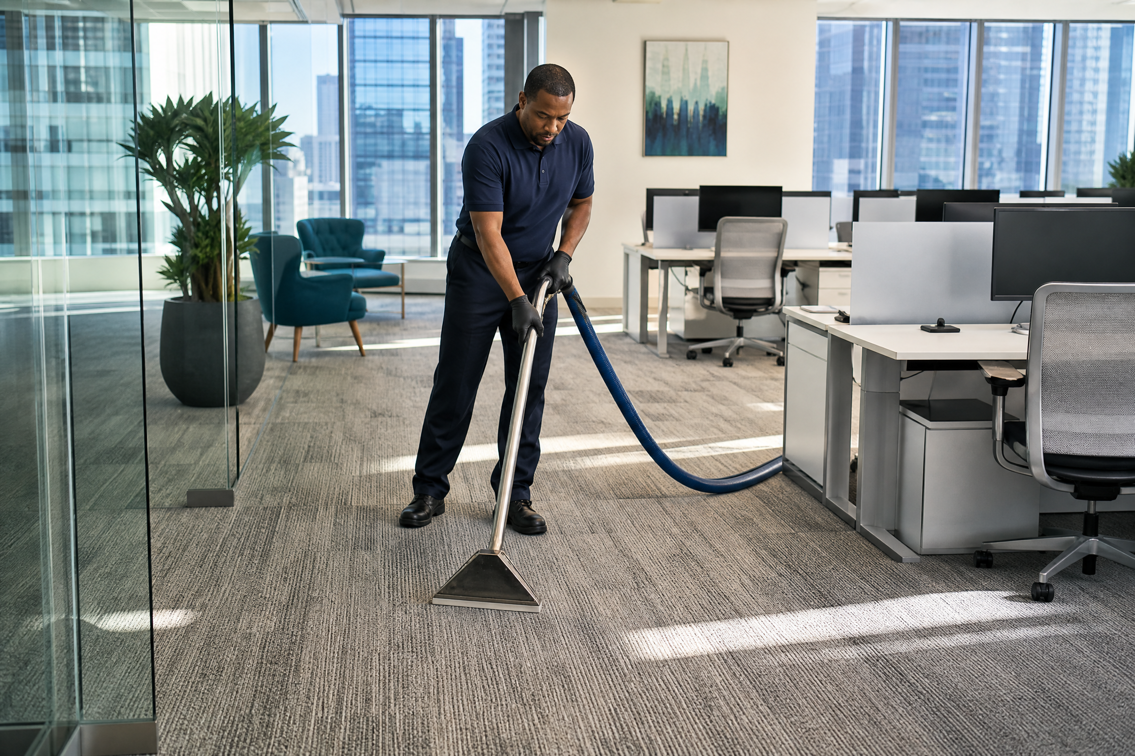 A professional cleaning crew member deep cleaning a carpet in a modern, sunlit New York City office space.