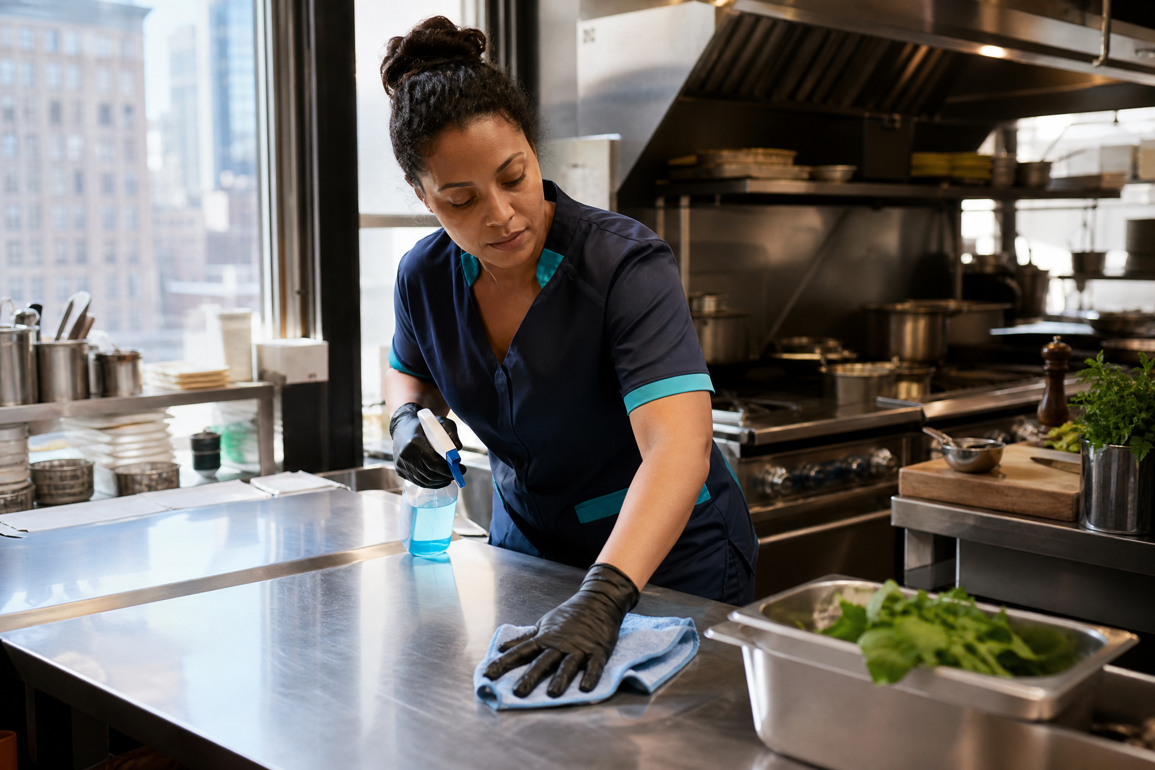 A professional cleaner sanitizing a stainless steel kitchen counter in a New York City restaurant kitchen.