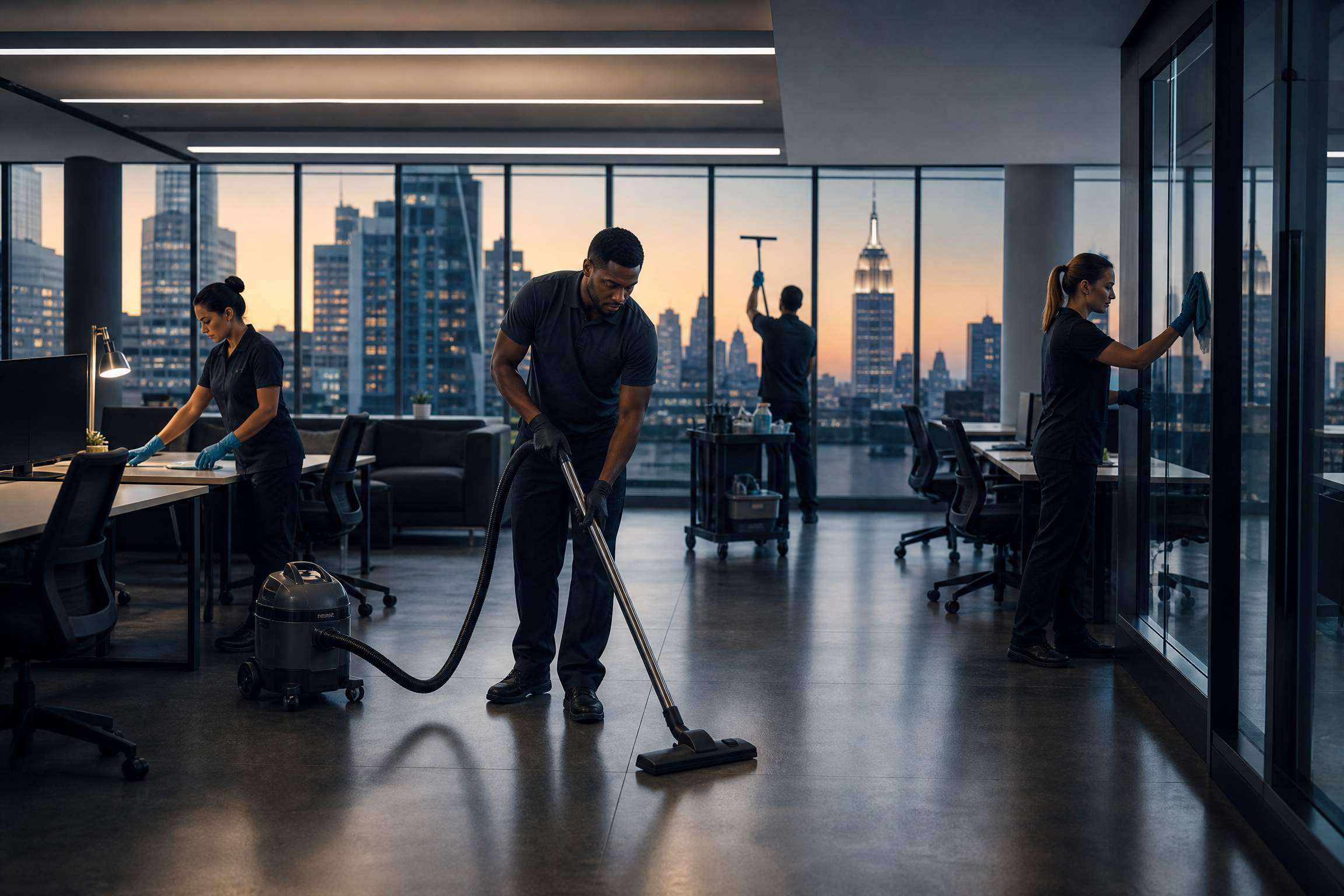 A diverse commercial cleaning crew vacuums and cleans a modern New York City office with a cityscape view at dusk.