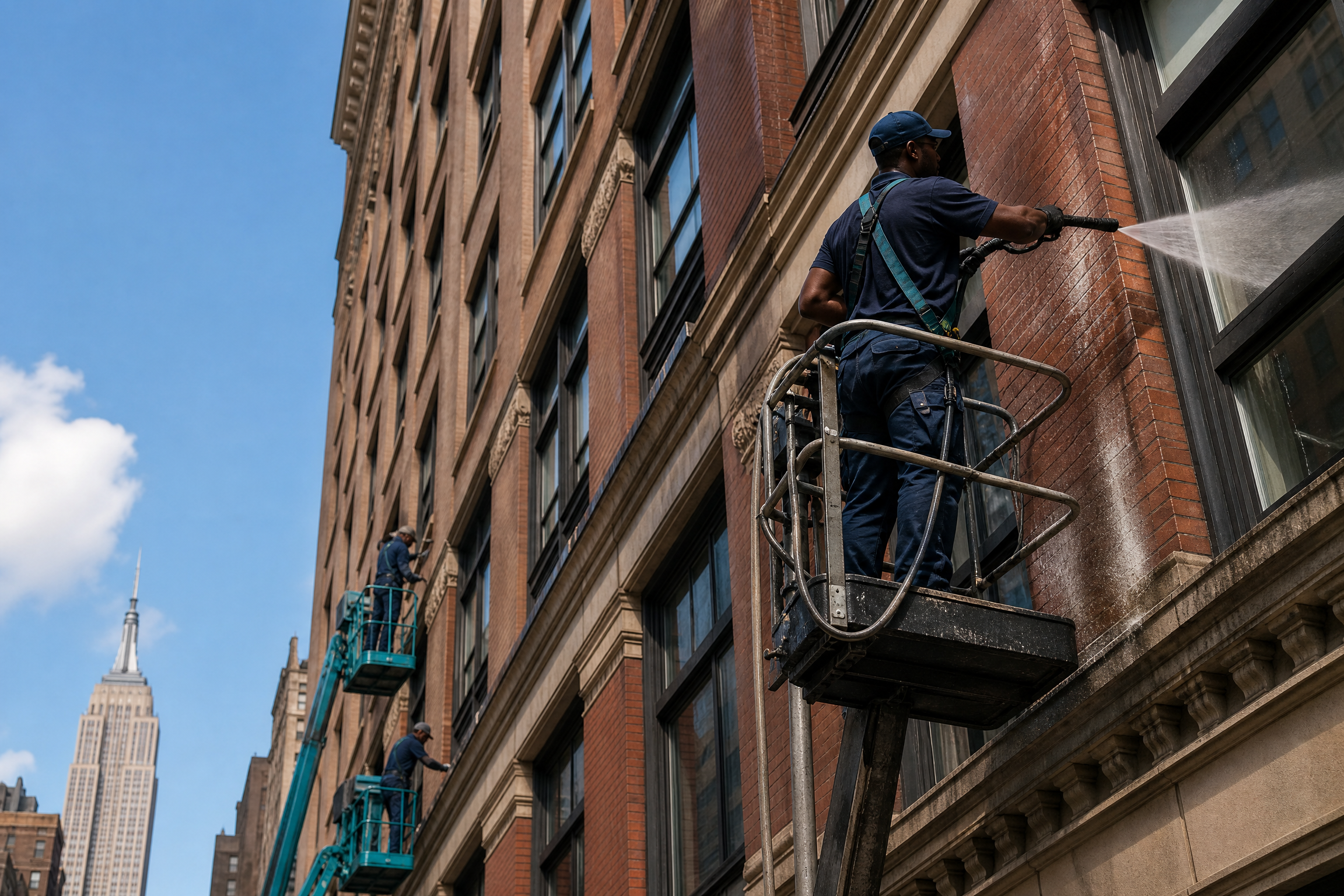Maintenance workers on lifts power washing the facade of a brick building in New York City with the Empire State Building in the background.