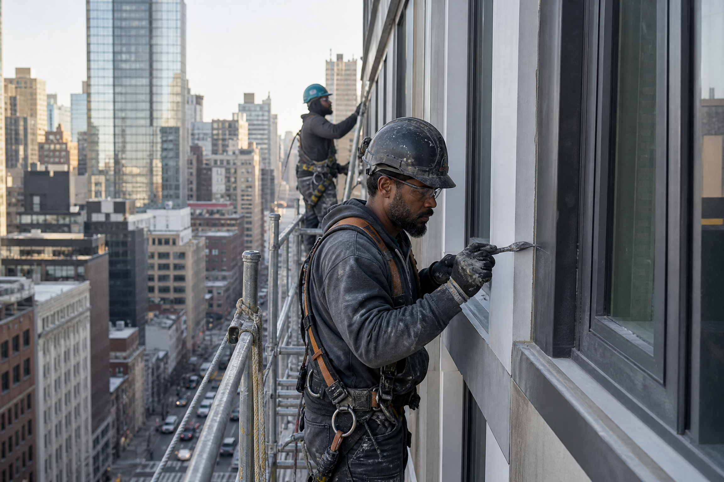 Two maintenance workers on scaffolding repair the facade of a high-rise building in New York City, with the urban skyline in the background.