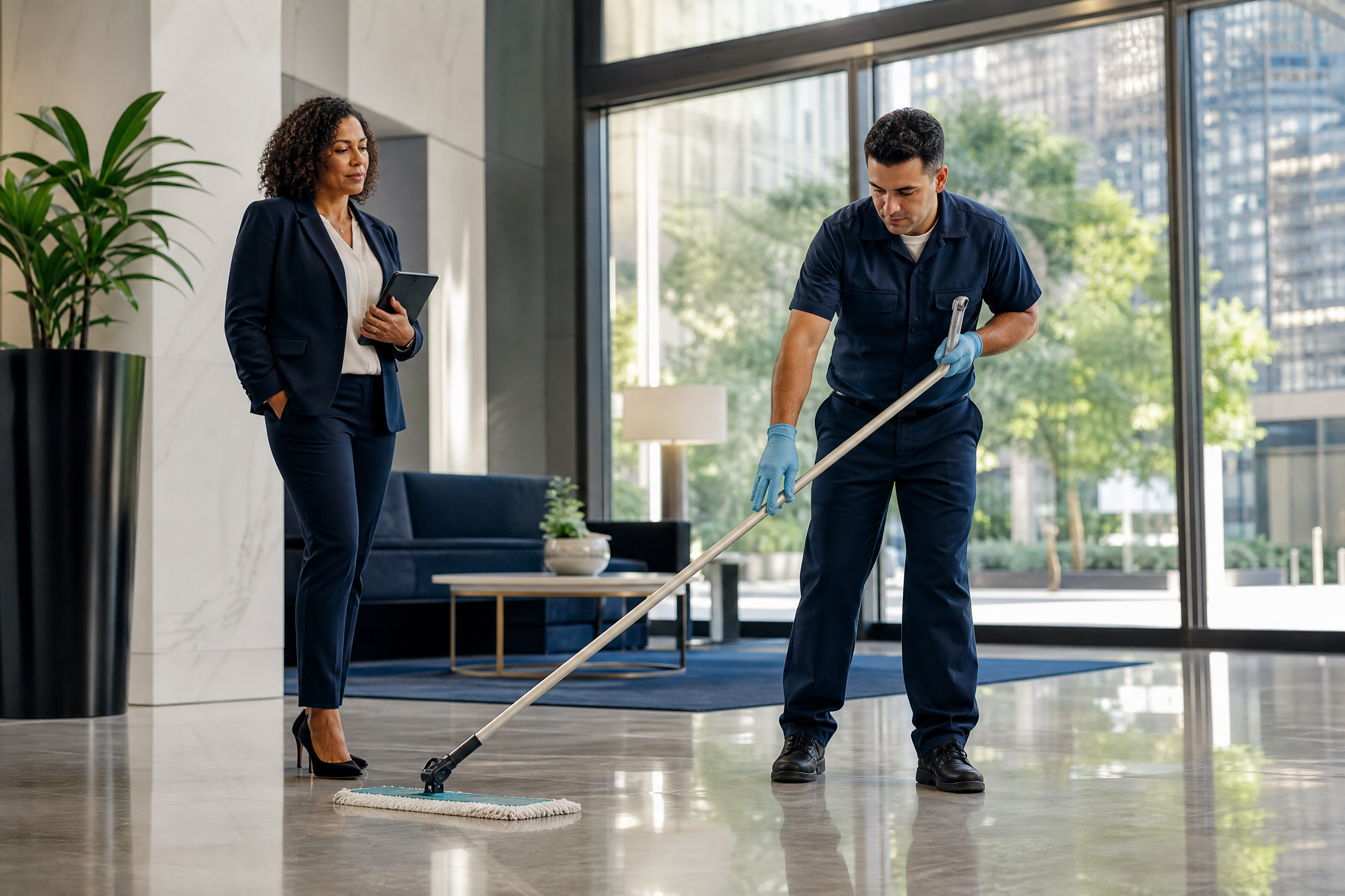 A property manager observes a porter cleaning the lobby of a modern New York City high-rise building, emphasizing reliable service.