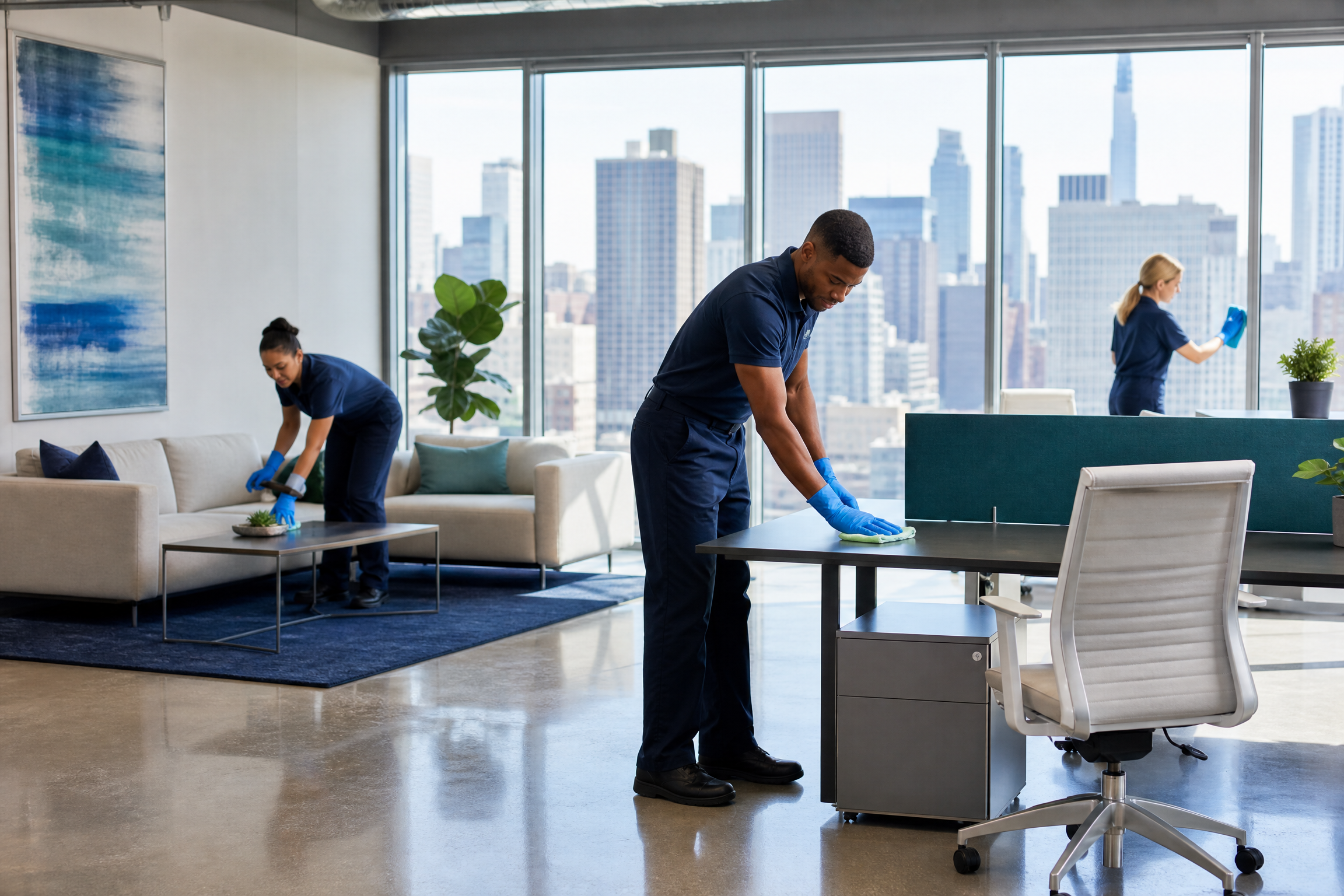 A professional cleaning crew meticulously cleans a modern office with large windows overlooking the New York City skyline, featuring natural light and navy/teal accents.