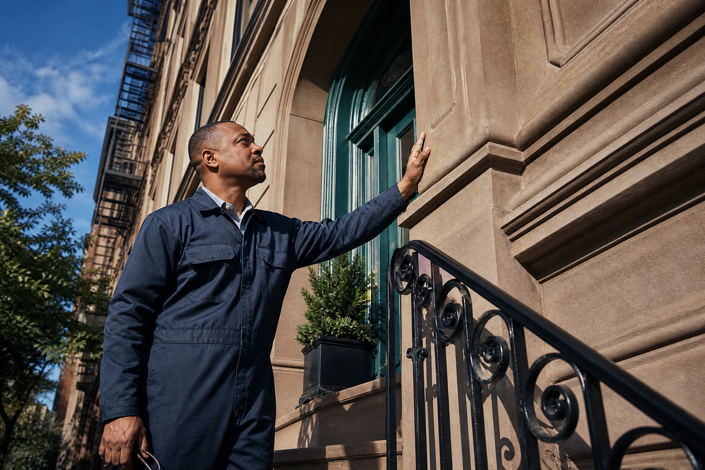 A professional building superintendent inspects the facade of a classic New York City residential building on a sunny morning, with navy and teal accents.